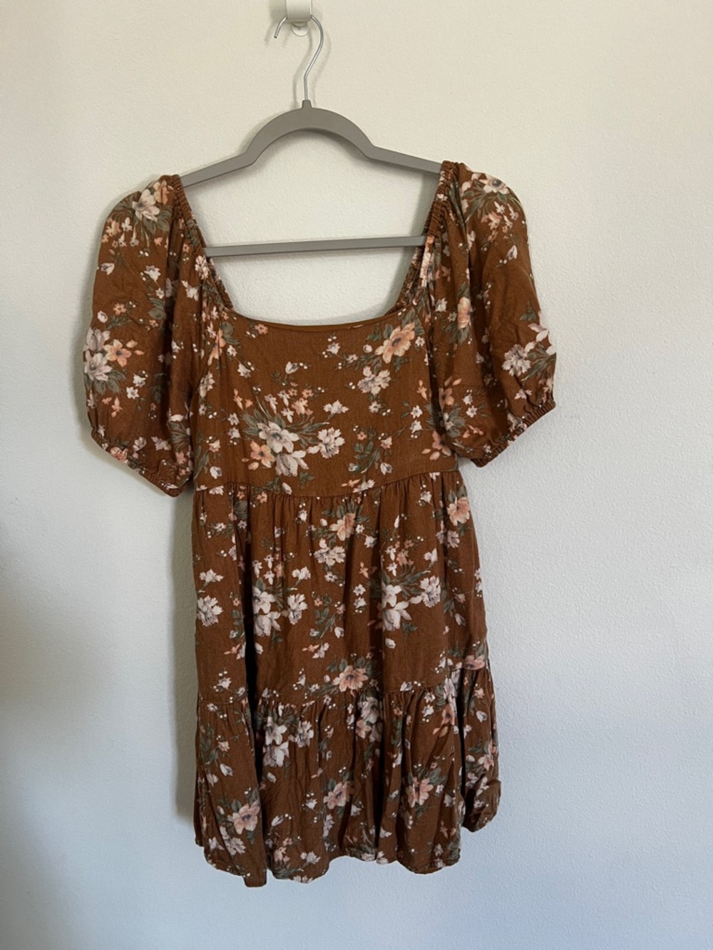 Brown Floral Puff-Sleeve Mini Dress